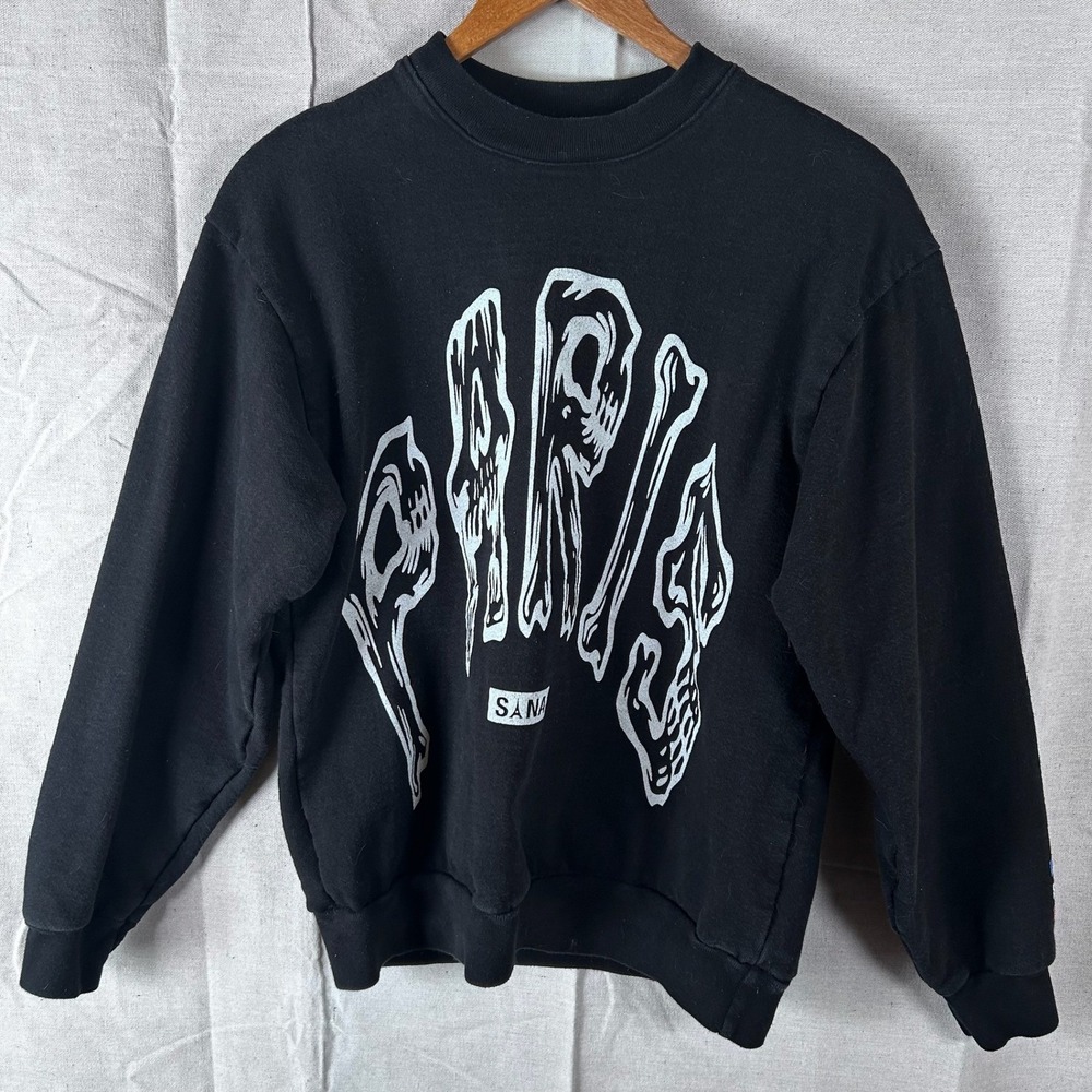 SANA Detroit Paris Skeleton Bone Graphic‎ Black Crewneck Sweatshirt Mens Small